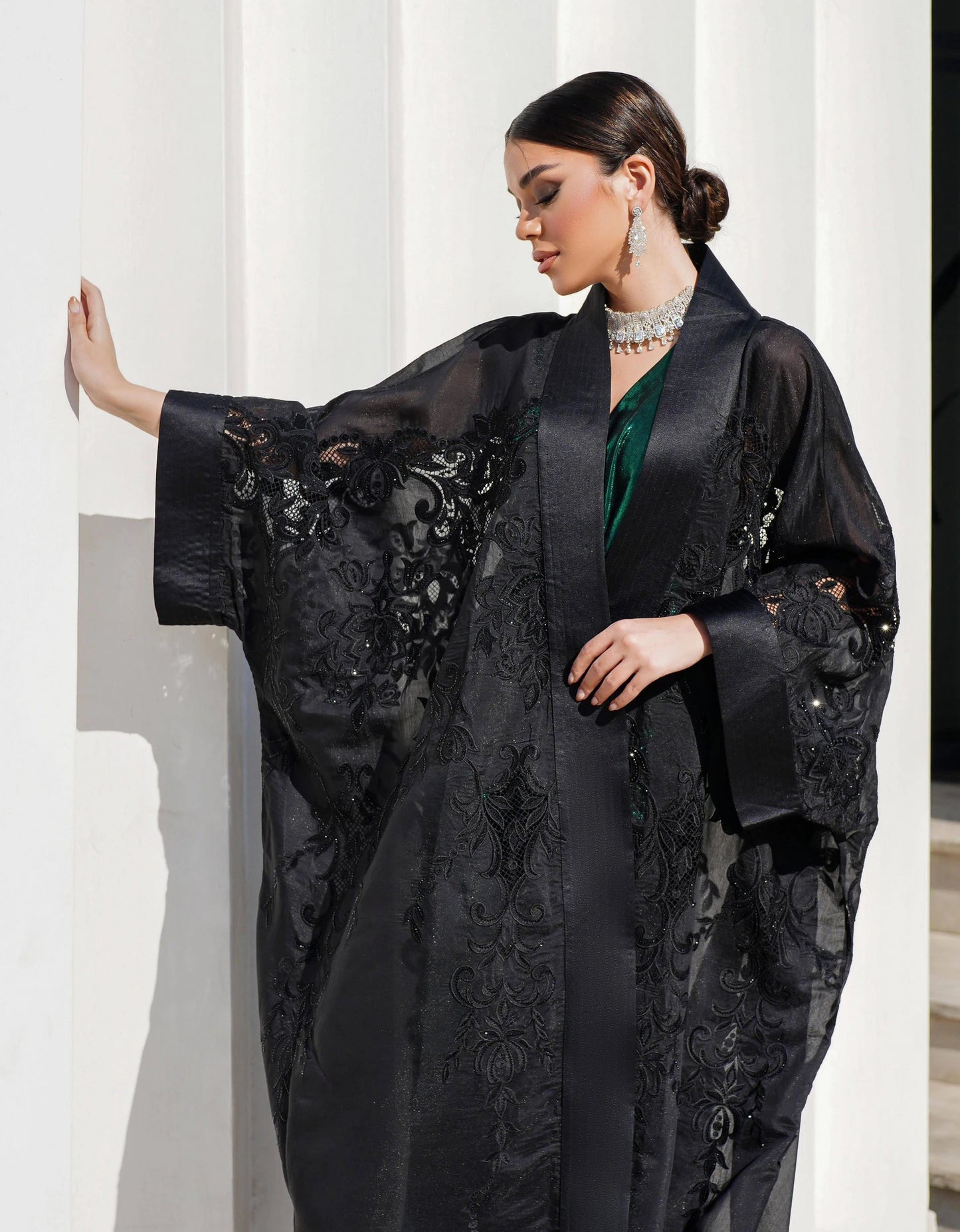 Embroidery organza a with black rhinestones