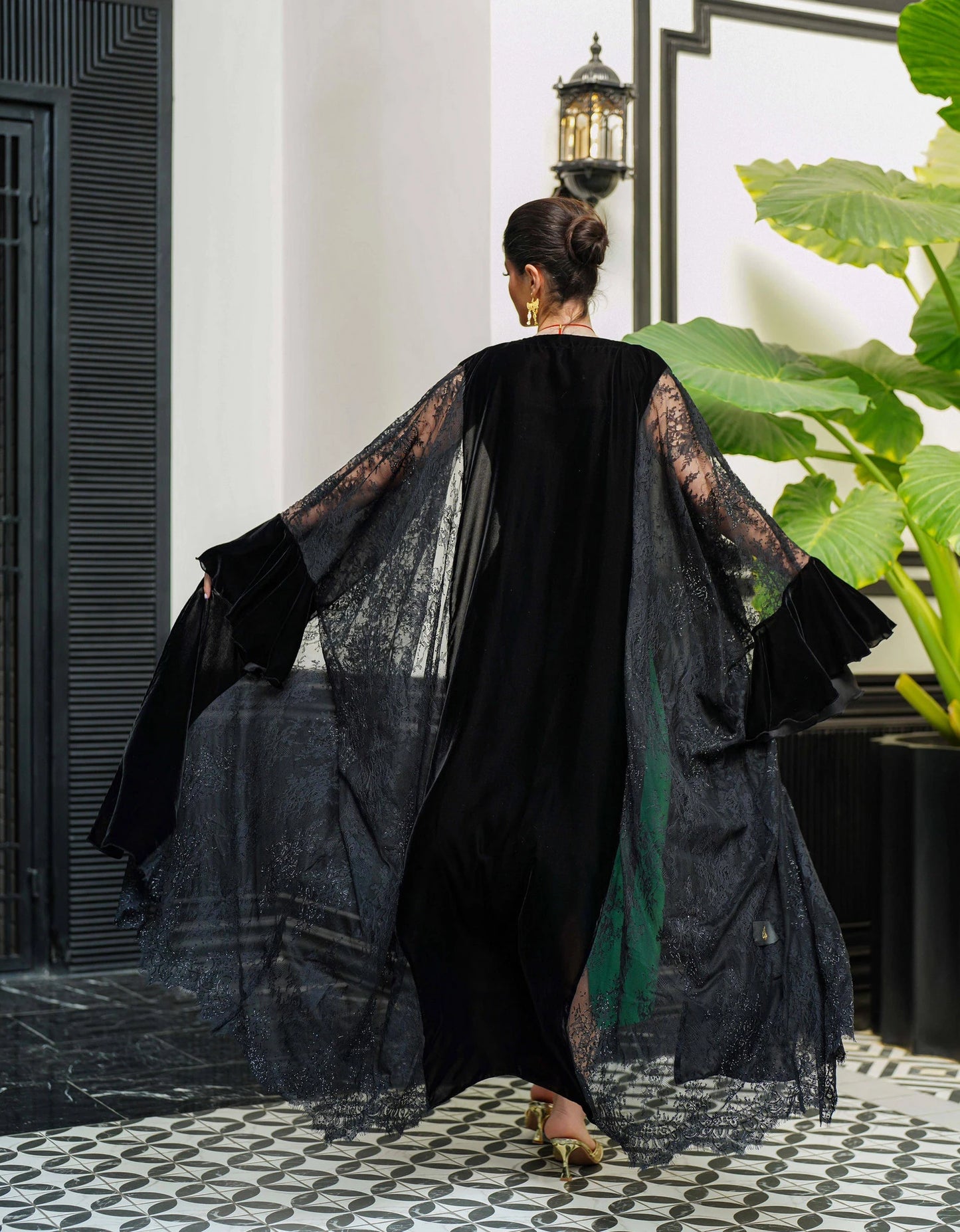 Soft black velvet abaya paired with French Chantelle and decorated with black rhinestones