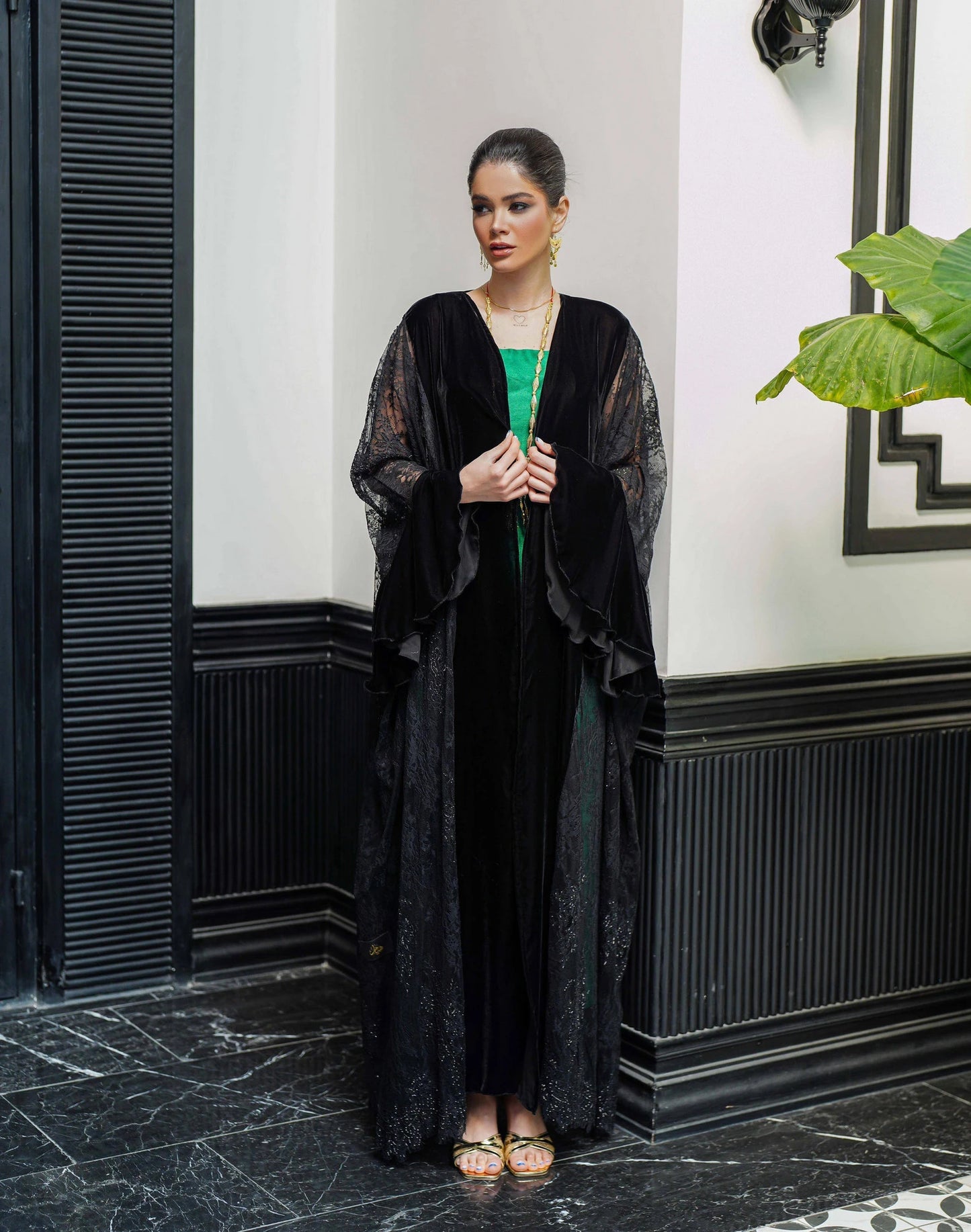 Soft black velvet abaya paired with French Chantelle and decorated with black rhinestones