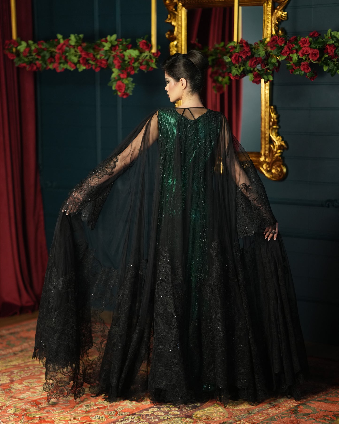 Double tulle Abaya lush cut with French lace trim and black Crystals