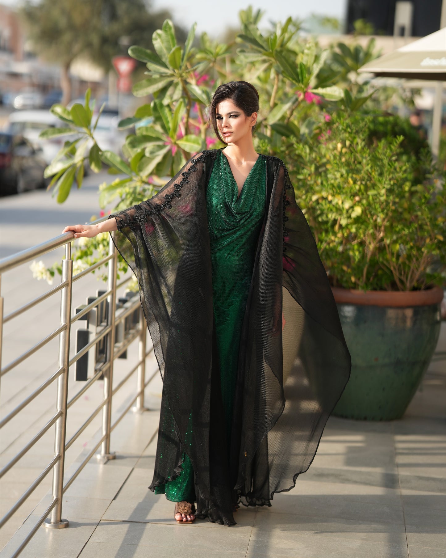Pleated Organza Abaya Open cut with beads on the sleeve