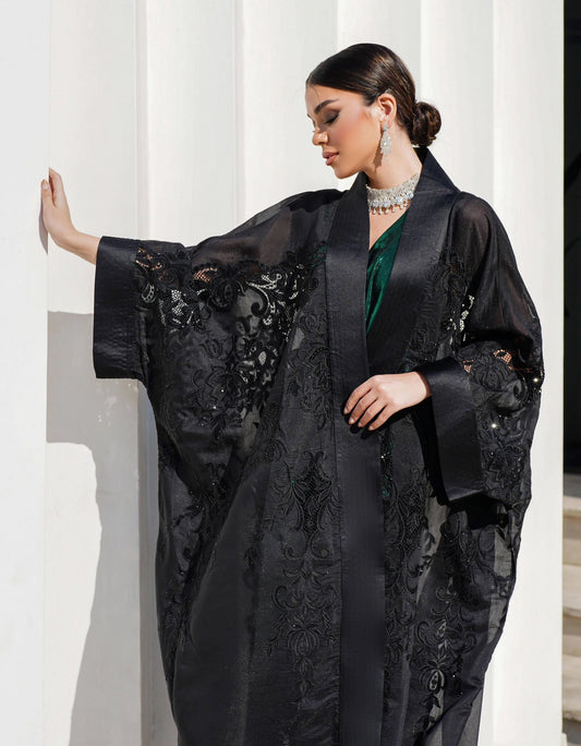 Embroidery organza a with black rhinestones