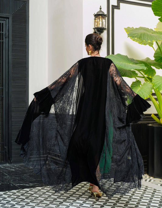 Soft black velvet abaya paired with French Chantelle and decorated with black rhinestones