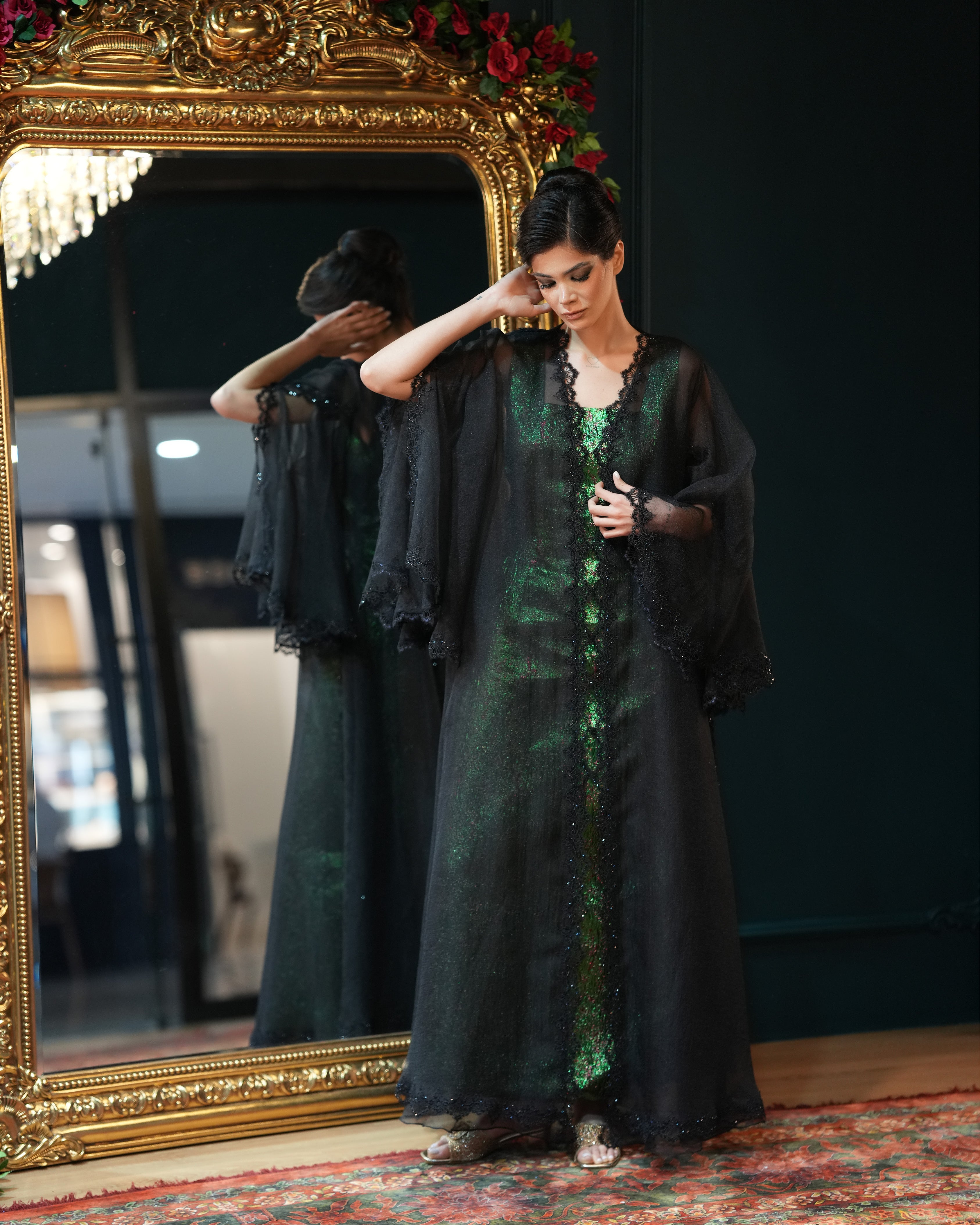 Heyam Double Organza abaya with lace trim and Crystals – Heyam