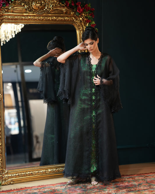 Double Organza abaya with lace trim and Crystals