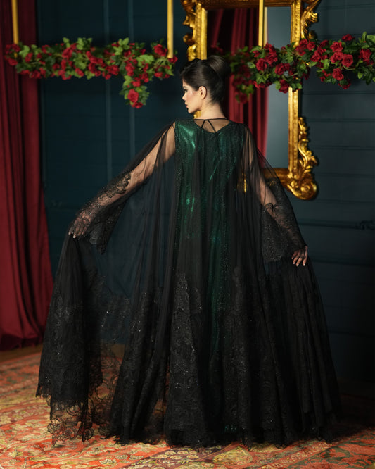 Double tulle Abaya  lush cut  with French lace trim and black Crystals