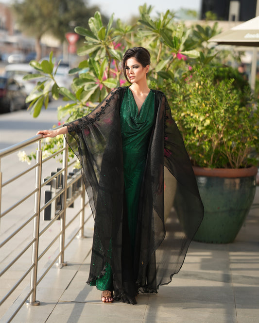 Pleated Organza Abaya   Open cut with beads on the sleeve