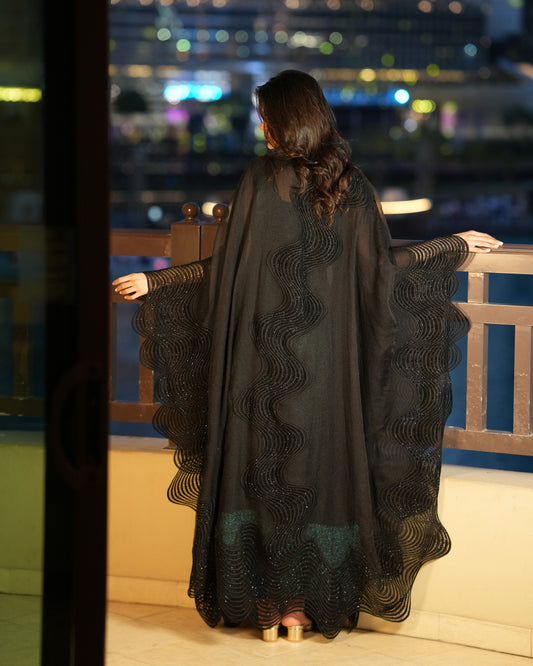 Organza Bahraini cut open abaya with chiffon lining comes with matching Sheila